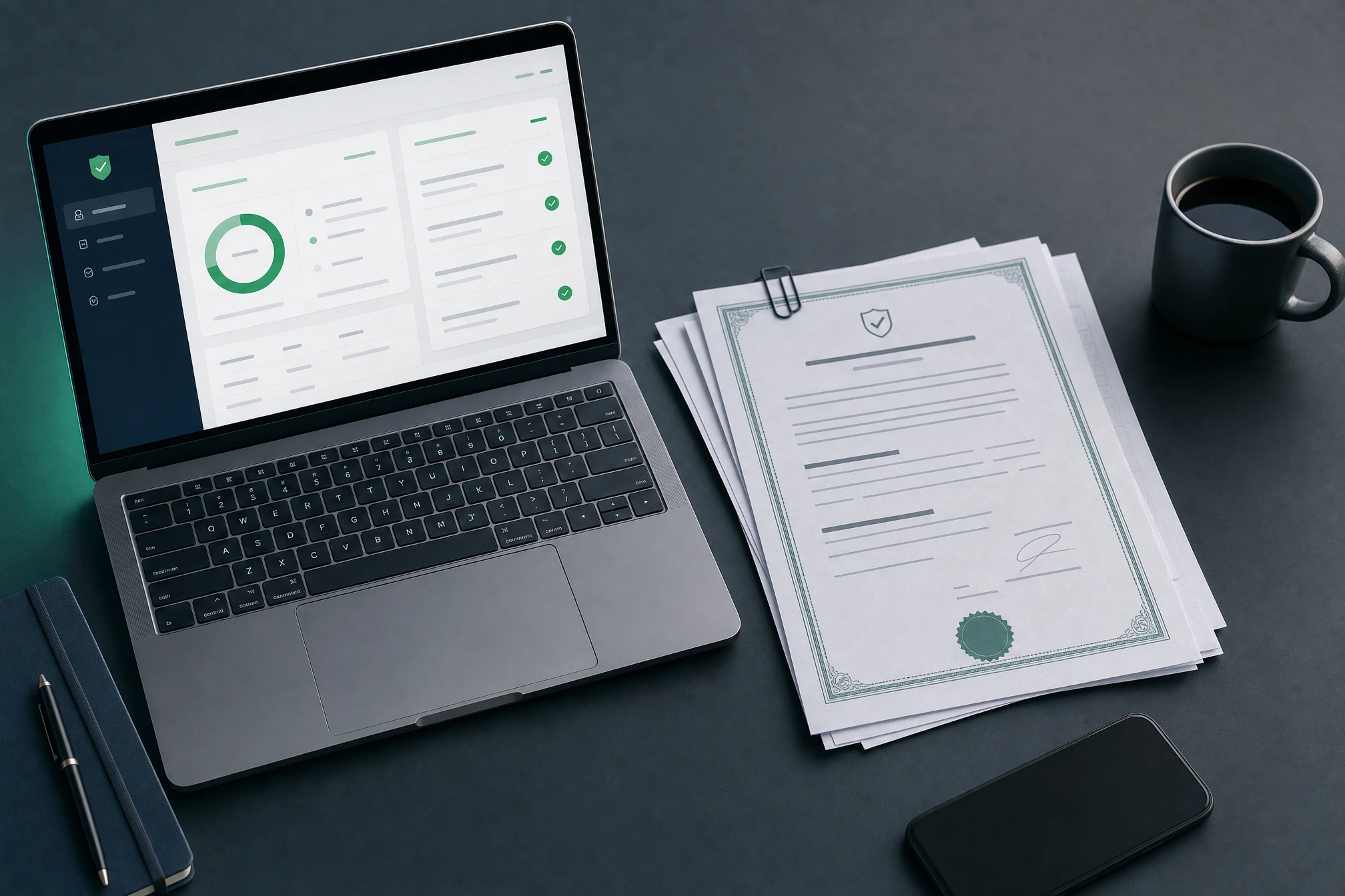 Overhead view of a desk with a laptop showing the COIStack compliance dashboard next to a stack of insurance certificates