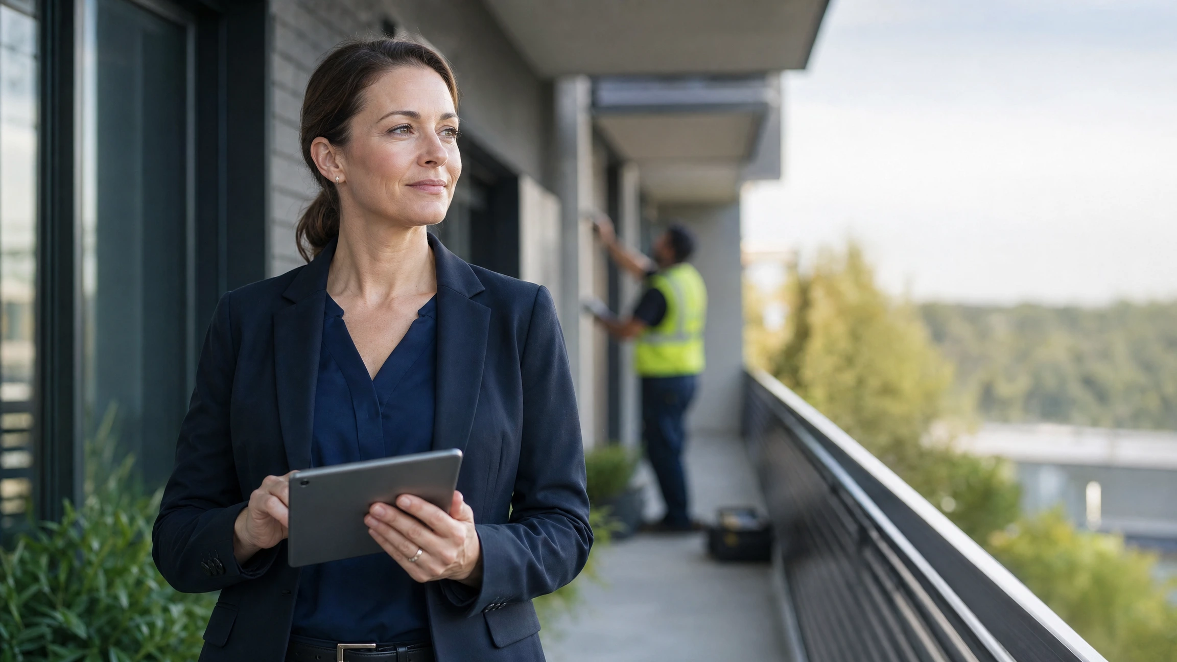 A property manager reviewing vendor insurance on a tablet while a contractor works on site